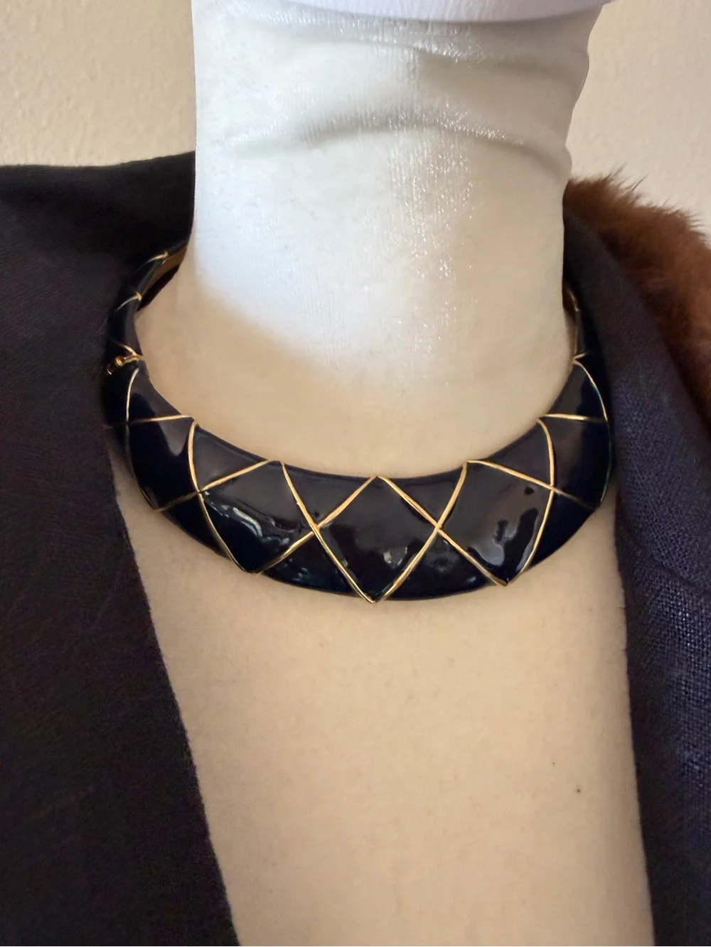 vintage dark navy blue and gold-tone geometric enamel statement choker necklace